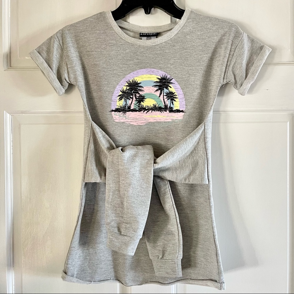 Kidtopia Girls Short Sleeve Sweatshirt Dress with Beach Print Gray Size 6 & 6X